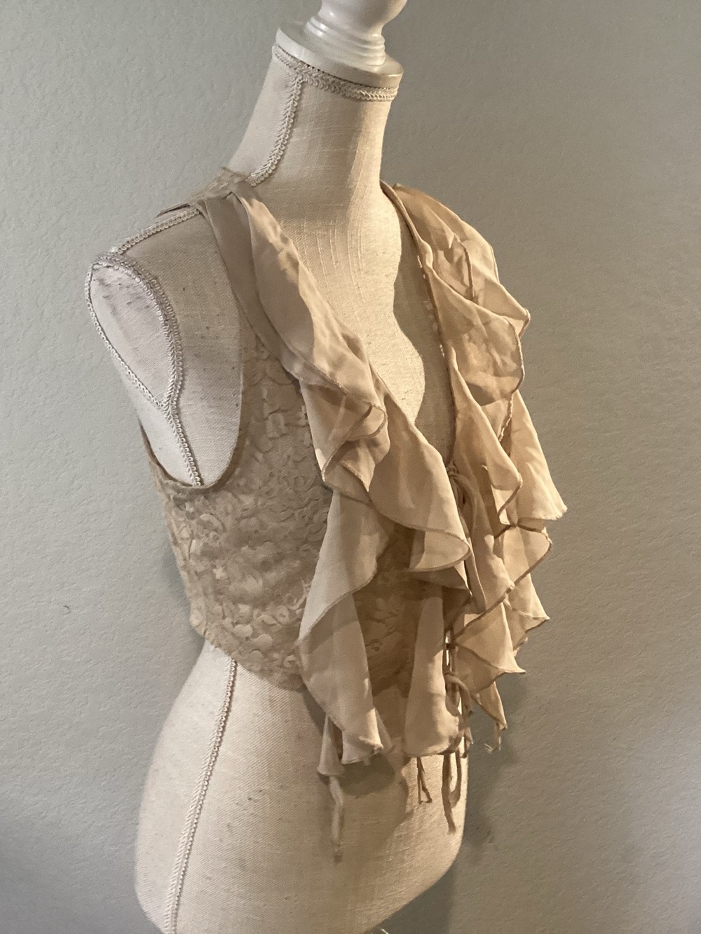 Ruffled Lace Front Vest in Light Beige